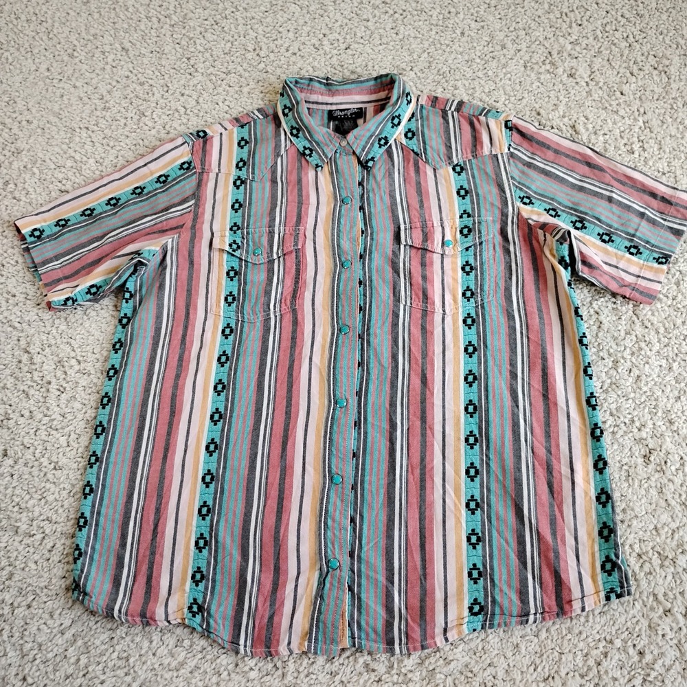 Wrangler Retro Shirt Mens Large Striped Aztec Short Sleeve Western Pearl Snap
